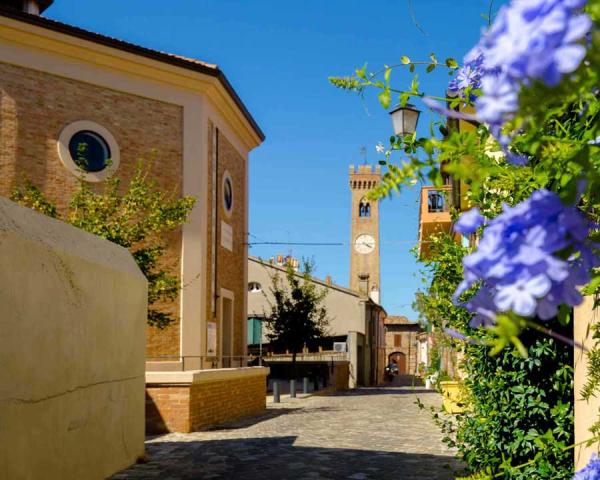 Rue de village avec tour et fleurs bleues au premier plan.